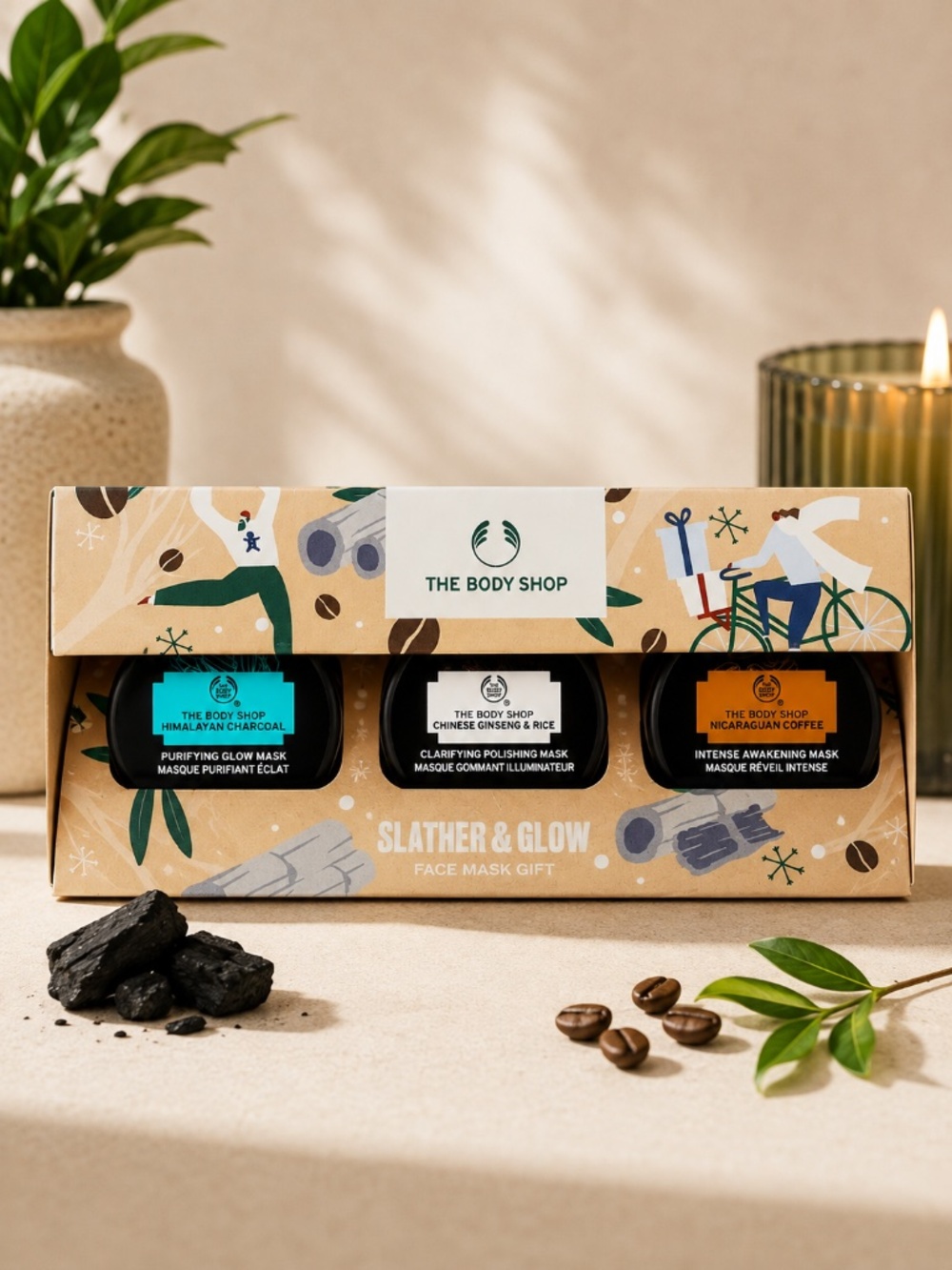 The Body Shop Slather & Glow Face Mask Gift Set 3 Masks + Headband NEW